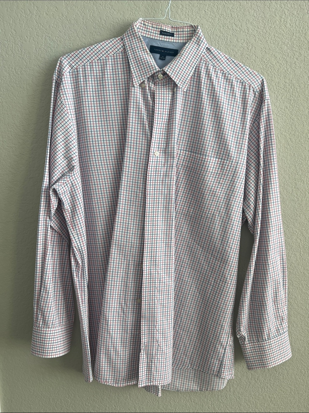 Tommy Hilfiger White Button-Up Shirt with Blue and Red Windowpane Check